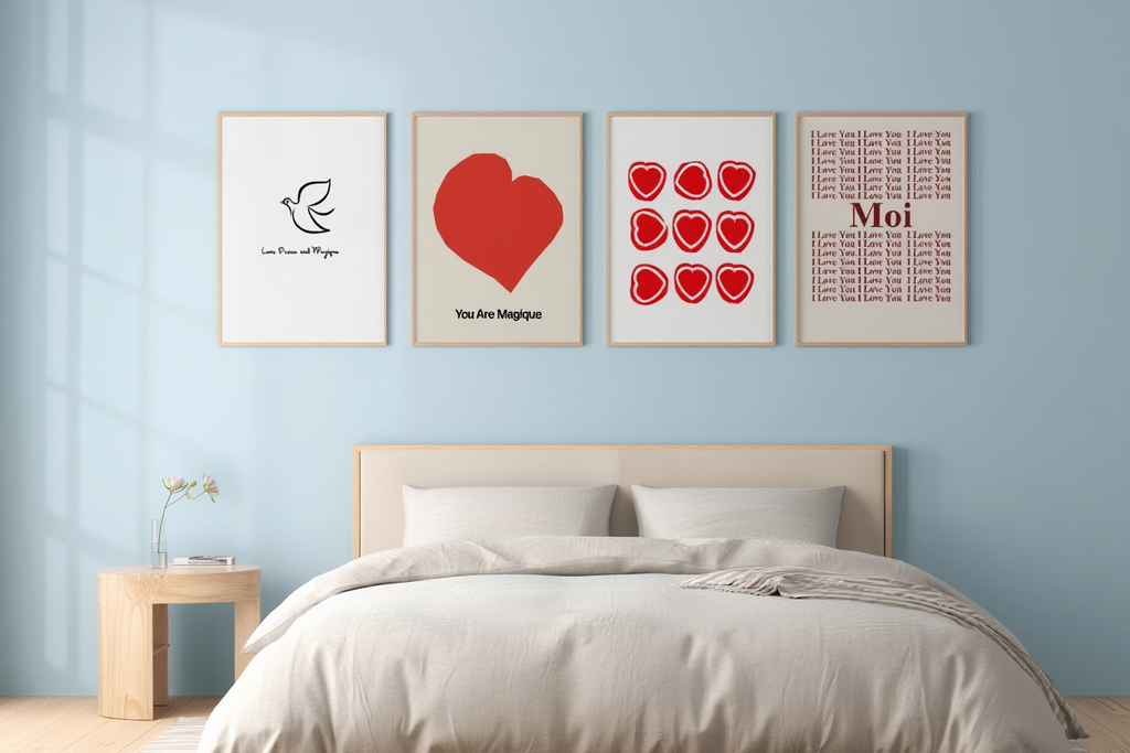 Modern Red Nordic Wall Art 4 Prints  Vintage French-Inspired Wall Art Collection