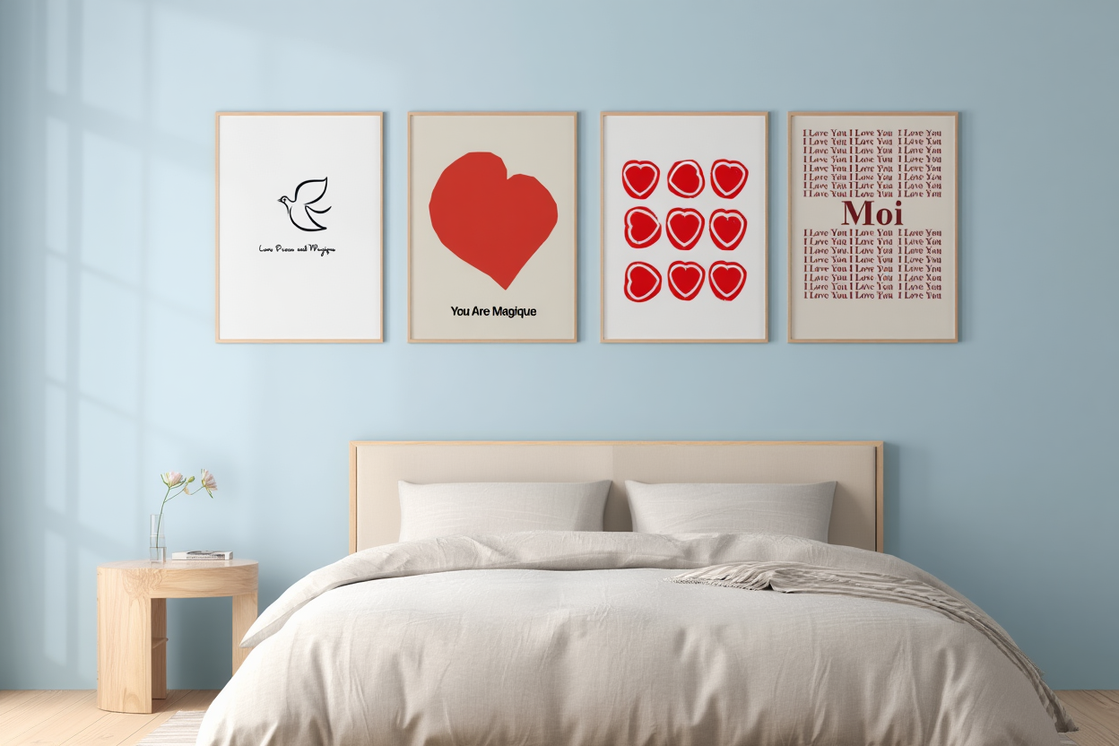 Modern Red Nordic Wall Art 4 Prints  Vintage French-Inspired Wall Art Collection