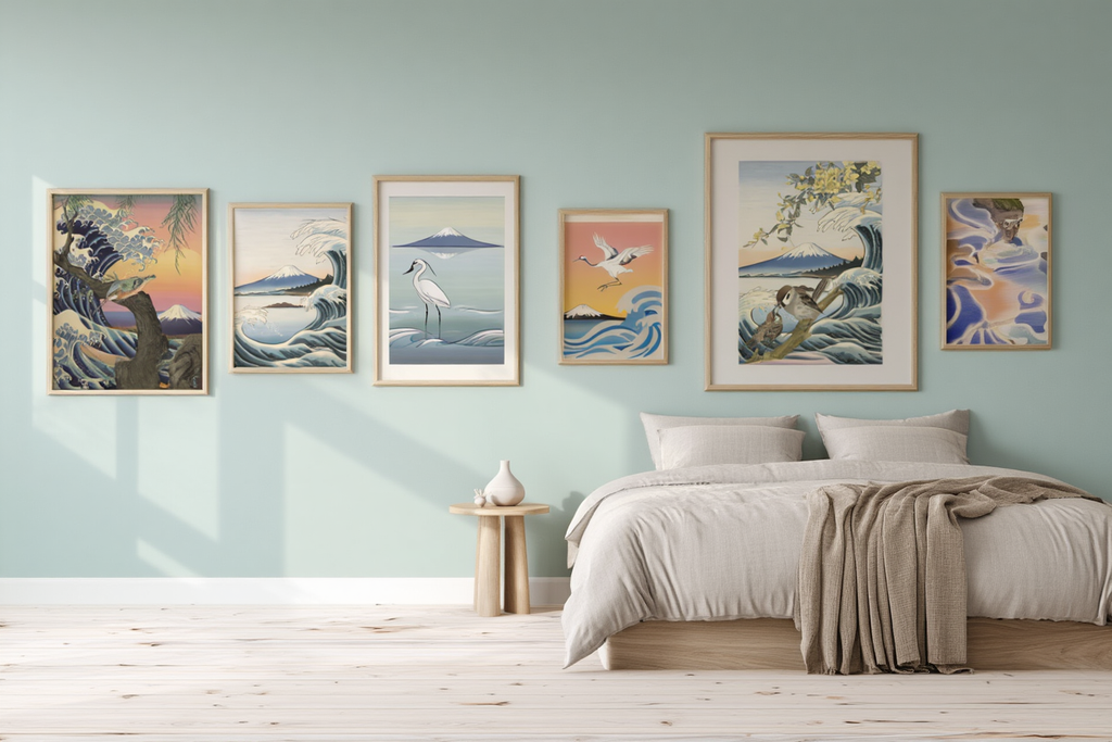 6 Japanese Art Posters – Ohara Koson & Hokusai Inspired, Mount Fuji Sunrise & Giant Wave Canvas Prints for Modern Wall Decor