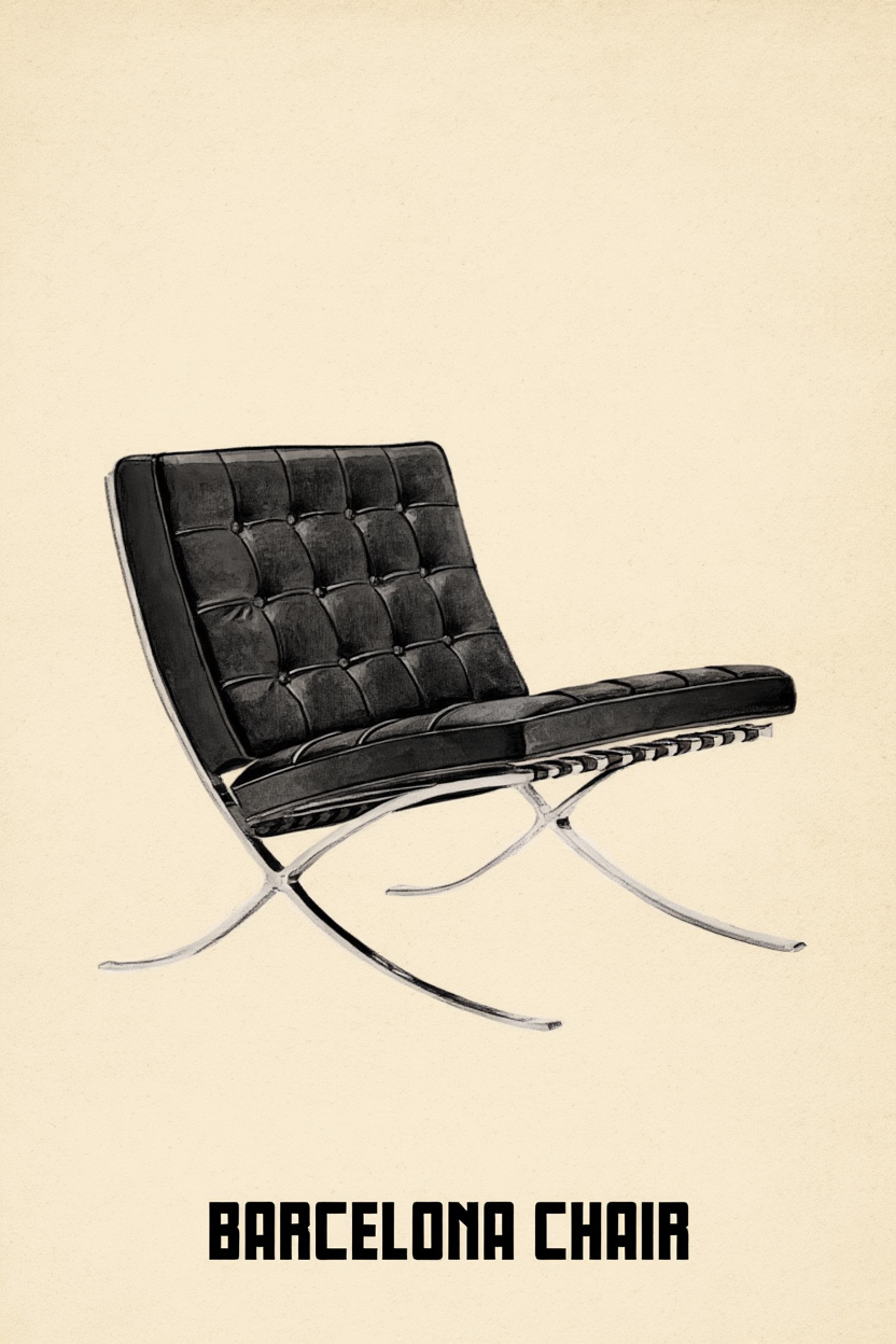 Bauhaus Wall Art Set of 3 – Barcelona Chair Print, Minimalist Furniture Sketches & Bauhaus Ausstellung 1923 Weimar Poster