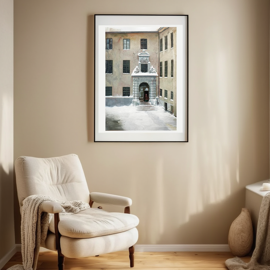 Winter Scene from the Present Foreign Office, Stockholm (1840) by Carl Stefan Benet – Vintage Swedish Architectural Art Print