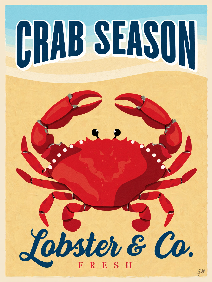4 Retro Seafood Posters – Sardines, Crab, Lobster & Fish Wall Art Prints