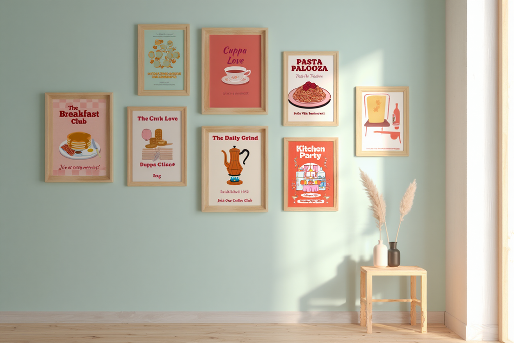 6 Retro Kitchen Posters – Pasta, Pizza & Coffee Love Canvas Prints in Red & Pink Tones for Living Room & Dining Decor