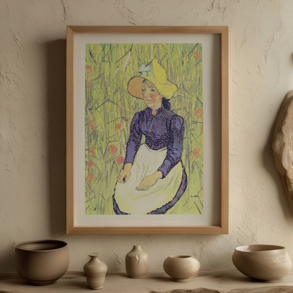 Young Peasant Woman with Straw Hat Sitting in Wheat