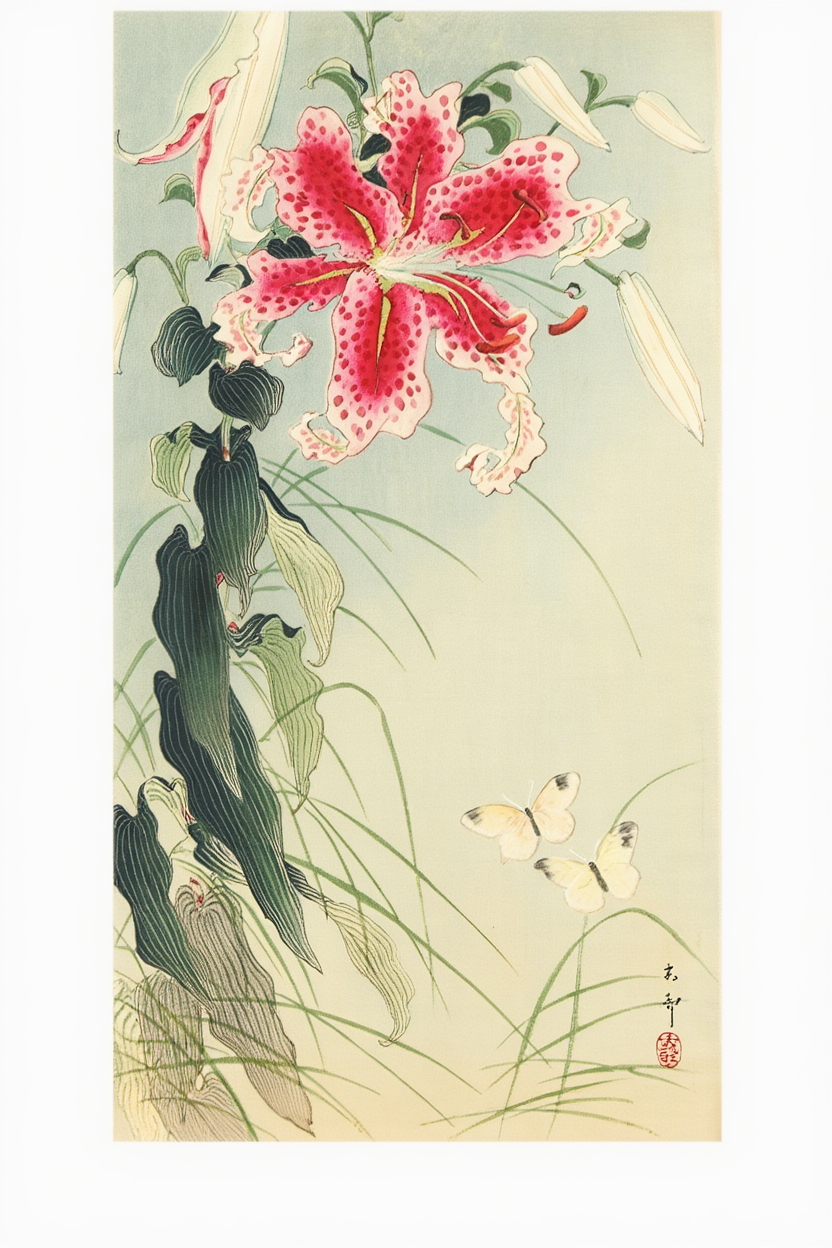Ohara Koson - Lilje og sommerfugle plakat