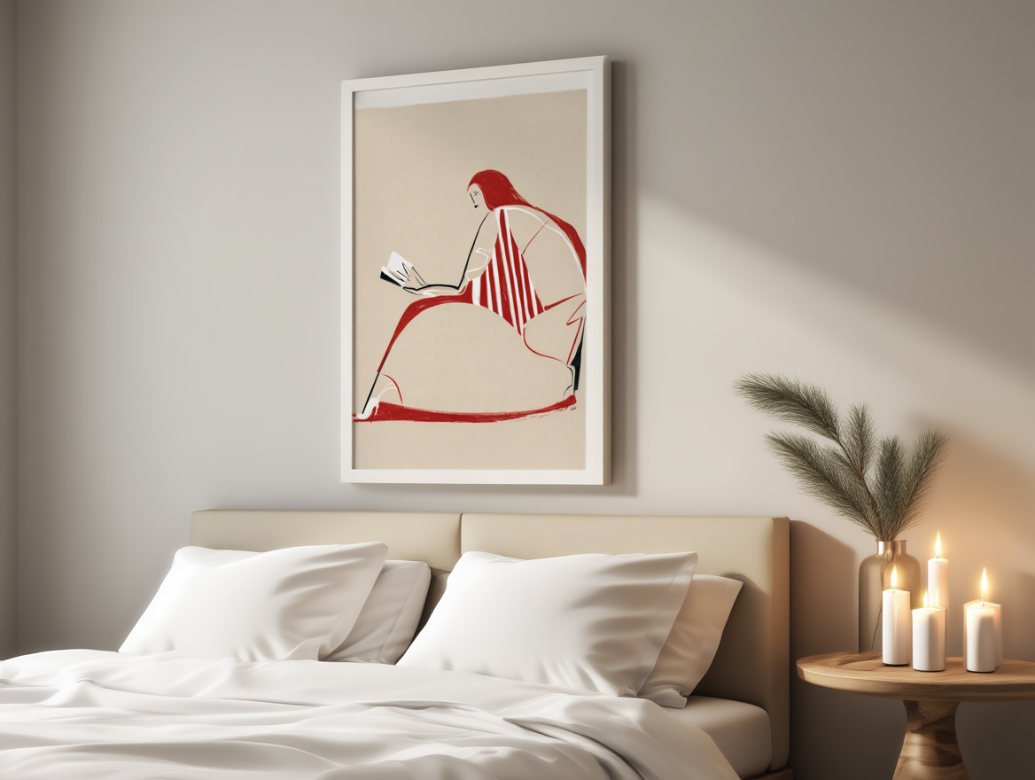 Woman Red Line Art – Reading Print