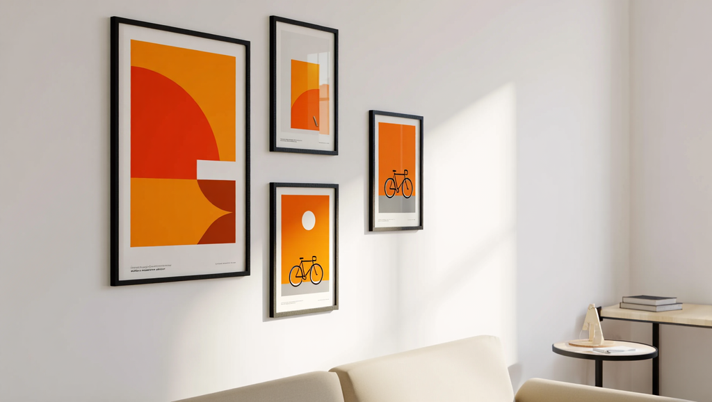 Abstract Orange Bauhaus Bicycle – Living Room Set of 4 Prints