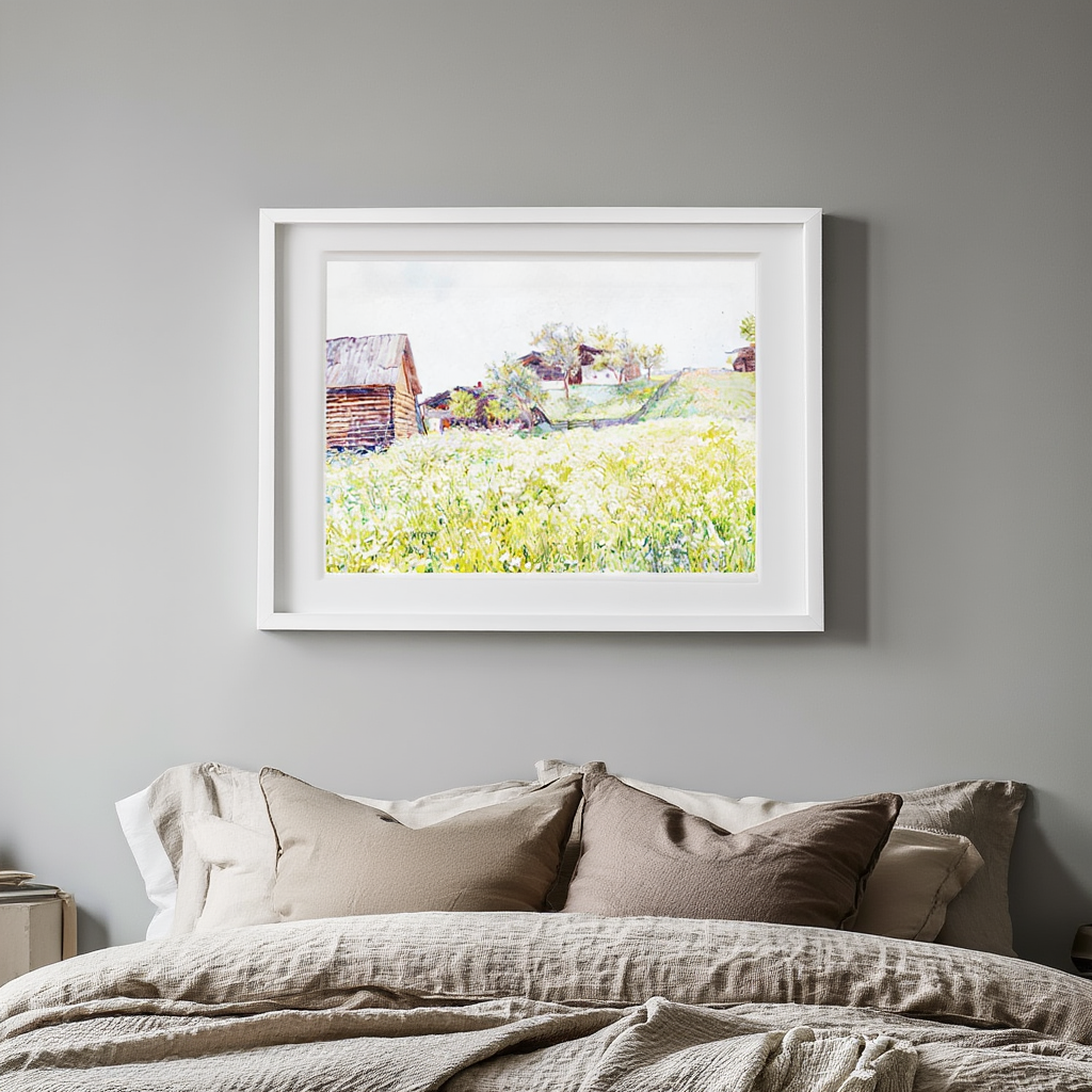 Farm Houses with White Blooming Field – Marie Egner | Classic Landscape Art Print