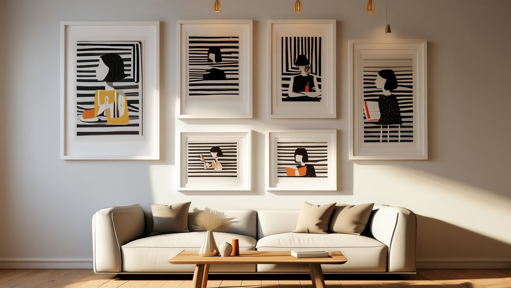 Black Striped Grid Girl – Abstract Wall Art Set for Living Room & Café - Set of 5 Prints