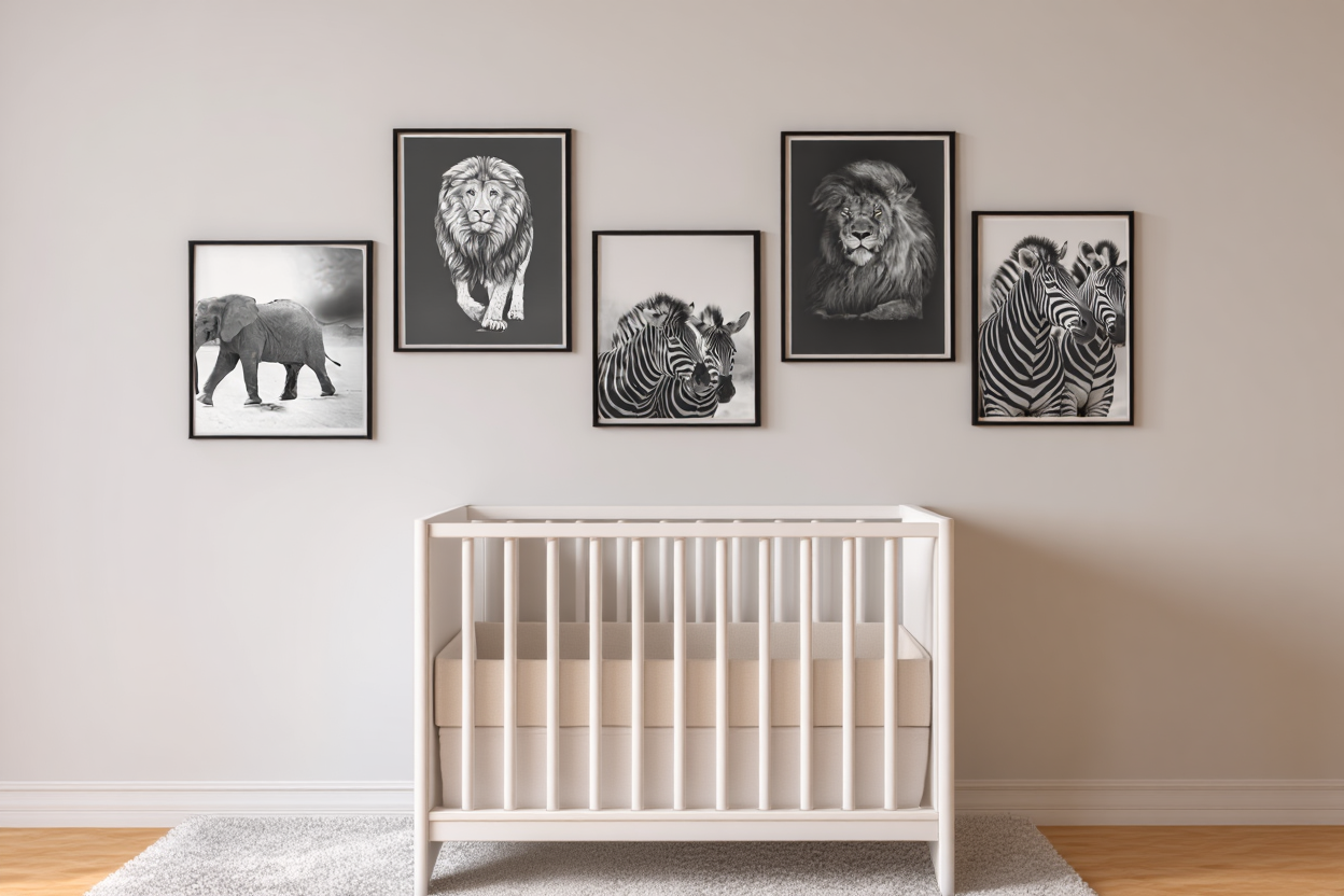 Monochrome Wildlife: 5 Black & White Animal Prints Set