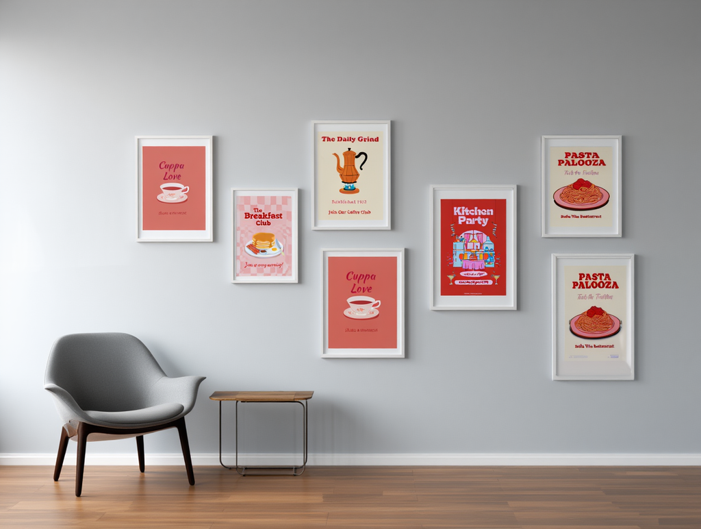 6 Retro Kitchen Posters – Pasta, Pizza & Coffee Love Canvas Prints in Red & Pink Tones for Living Room & Dining Decor
