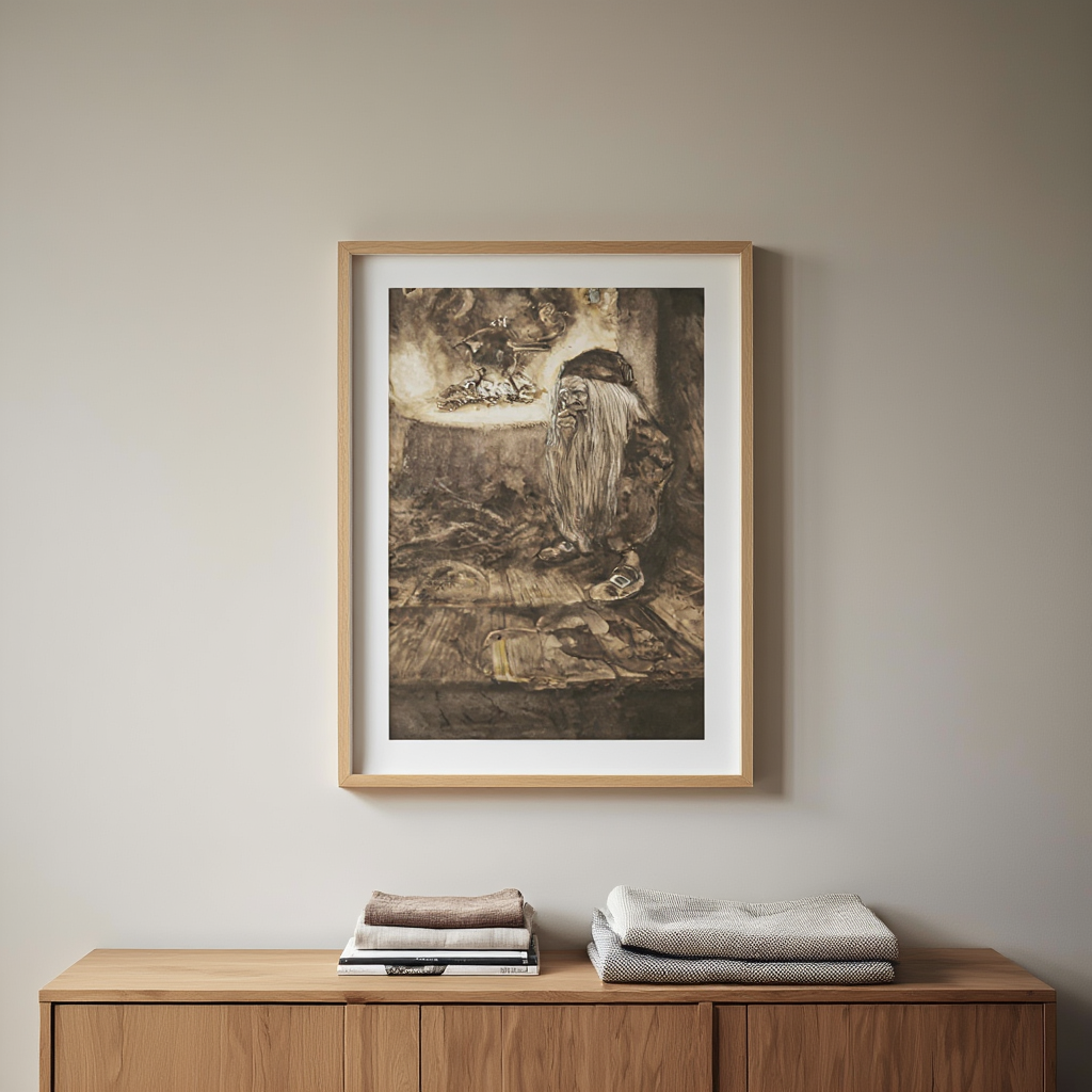 Brownie by a Fireplace – John Bauer (1909) | Fairy Tale Illustration Art Print