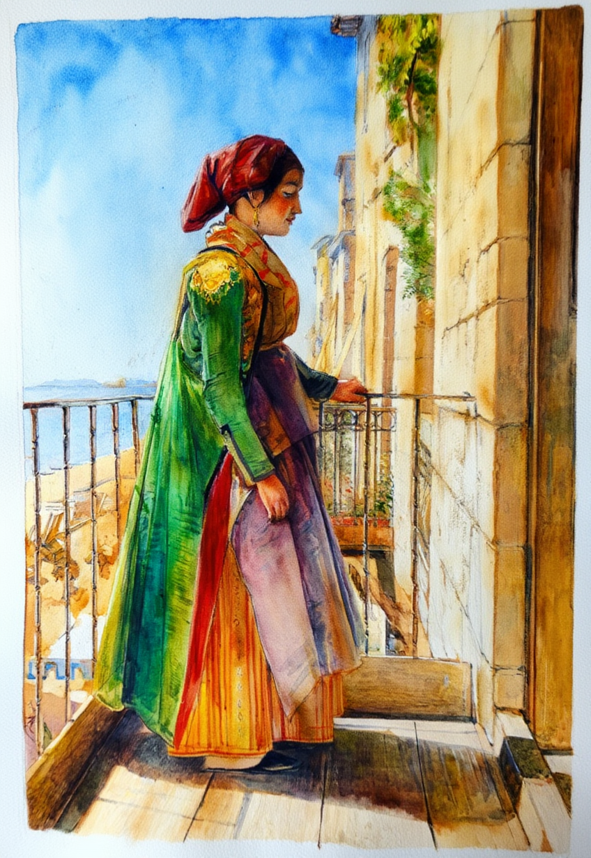 A Greek Girl Standing on a Balcony by John Frederick Lewis – 19th-Century Orientalist Figurative Art Print