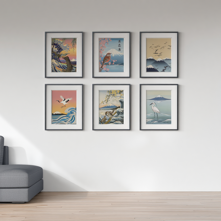 6 Japanese Art Posters – Ohara Koson & Hokusai Inspired, Mount Fuji Sunrise & Giant Wave Canvas Prints for Modern Wall Decor