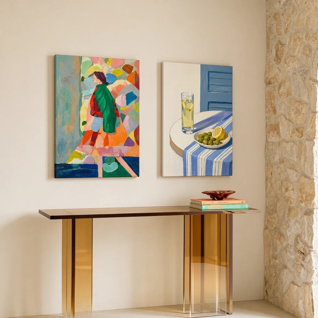 Set of 2 Canvas Prints – Colourful Woman & Olives on the Table | Figurative and Mediterranean Still Life Wall Art