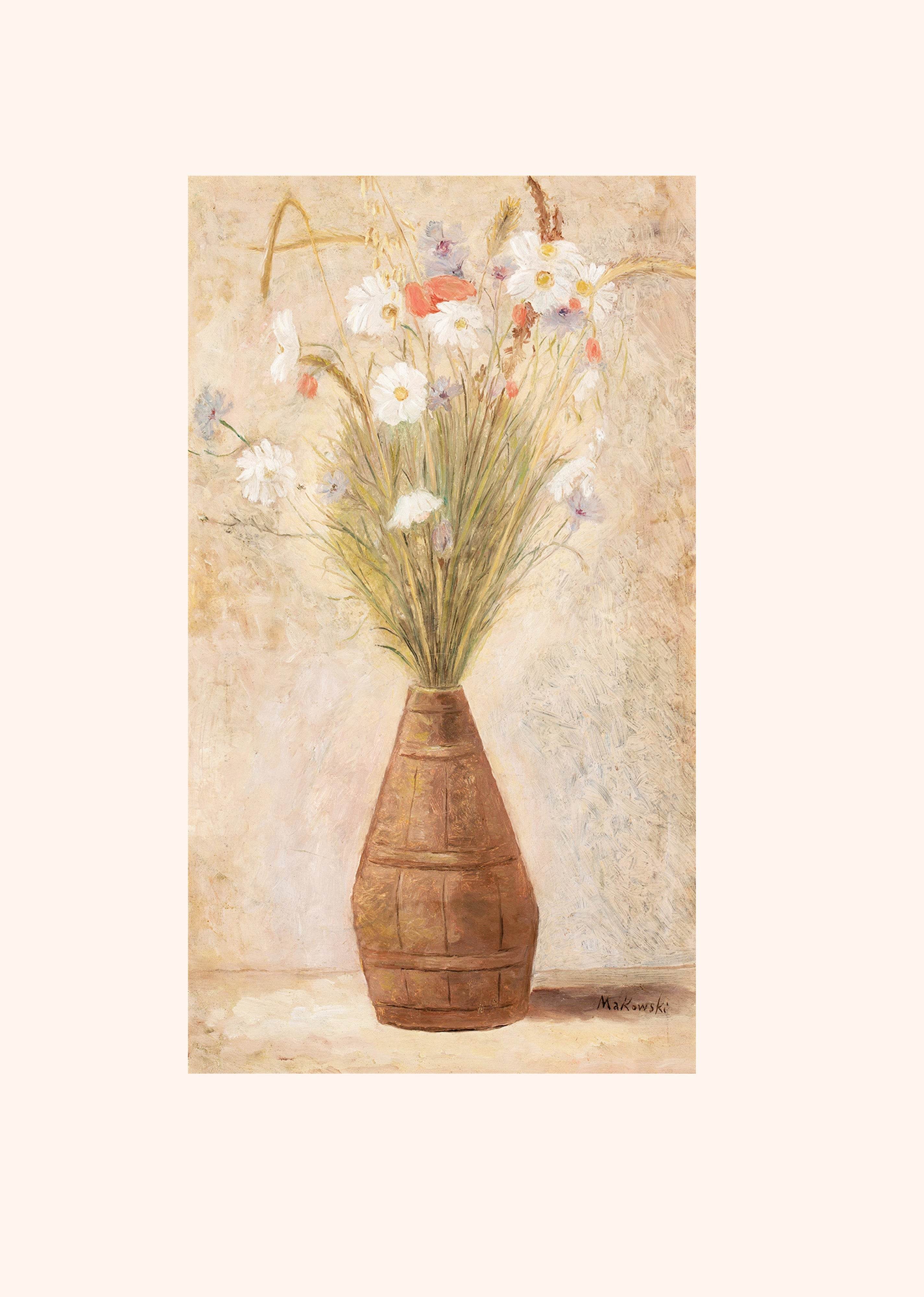 Set of 2 Red Floral Wall Art Prints – Abstract Botanical Shapes & Tadeusz Makowski Field Flowers Gallery Set