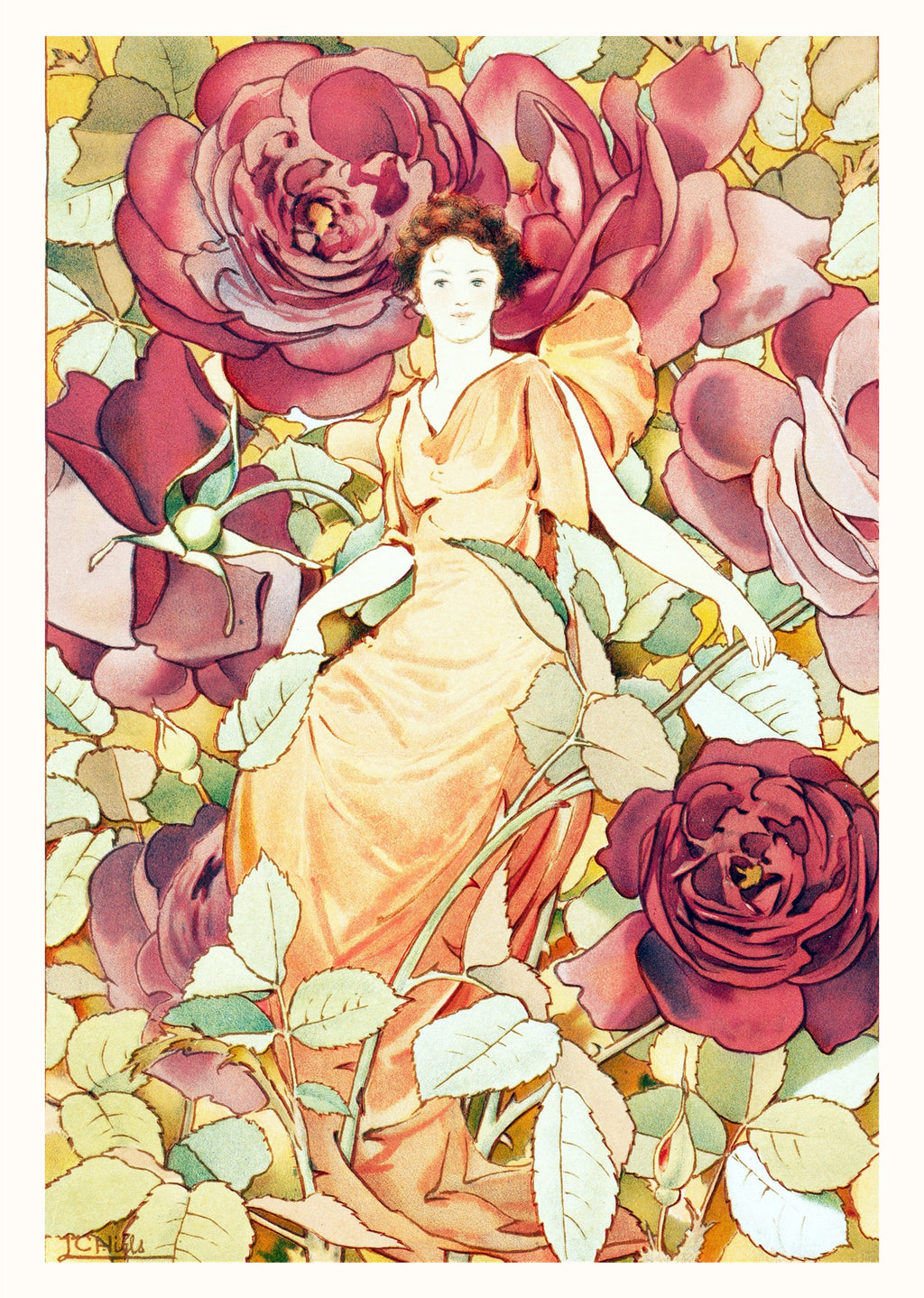 Laura Coombs Hills - Woman Enframed in Flowers