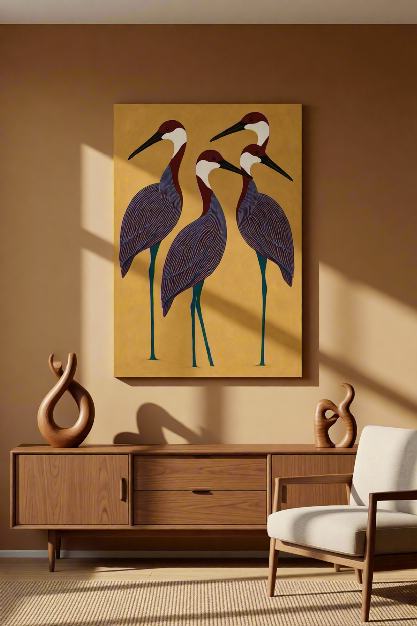 Canvas Print Burgundy Birds on Muted Caramel | Contemporary Bird Wall Art