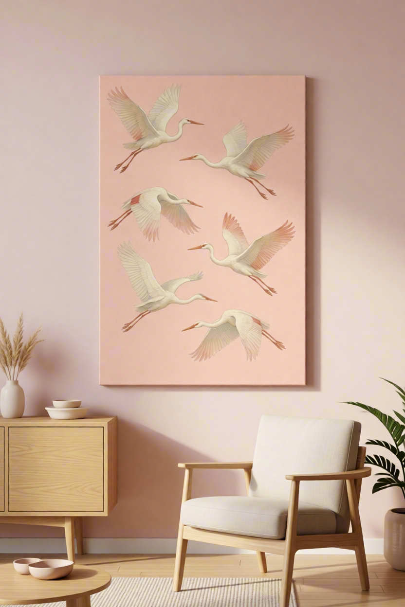 Canvas Print Flying Cranes on Pink | Japanese-Inspired Bird Wall Art