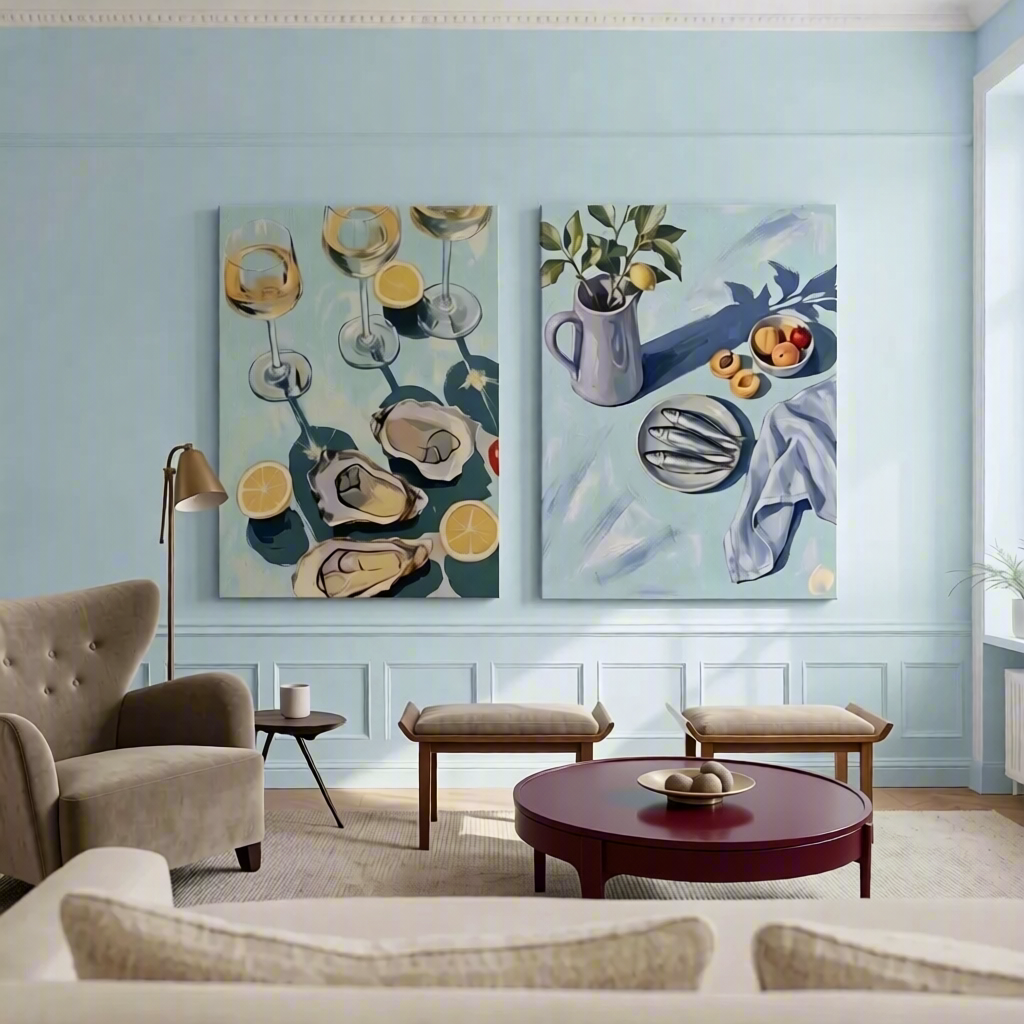 Set of 2 Canvas Prints – Oysters and Lemons & Sardines on the Table | Mediterranean Still Life Wall Art