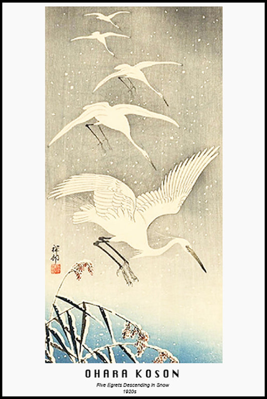 Ohara Koson - Five Egrets Descending in Snow Poster